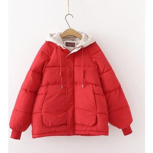 2019 mori girl new cotton-padded jacket, schoolgirl fresh style thicken keep warm color matching hooded big pocket bread clothes