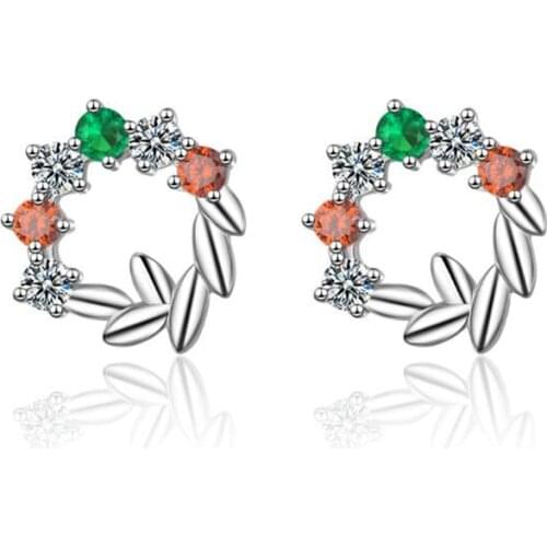 New Temperament Women Leaf 925 Sterling Silver Jewelry Fresh Sweet Design Flower Crystal Stud Earrings SE869