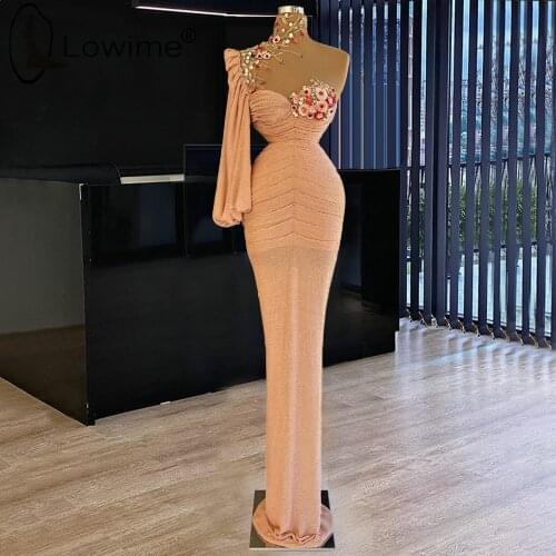 Pink One Shoulder Flowers Mermaid Evening Dresses Muslim High Neck Long Sleeve Wedding Party Gowns Vestidos De Soiree 2021