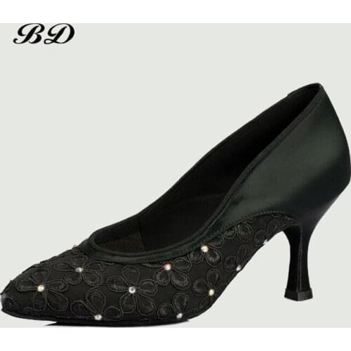 TOP Dance Shoes Modern Latin Womens Shoes Cowhide Sole Wear-resistant Professional Ballroom black Satin flower Upper GIFT BAGS