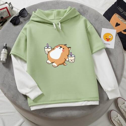 Aesthetic Graphic Sweatshirts Cute Corgi Print Hoodies for Women Color Block Apricot Hoodie Plus Size Fake Two-piece Streetwear
