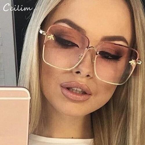 2021 New Oversize Clear Pink Sunglasses for Women Gradient Square Bee Sun Glasses Superstar Luxury Brand Designer Shades UV400