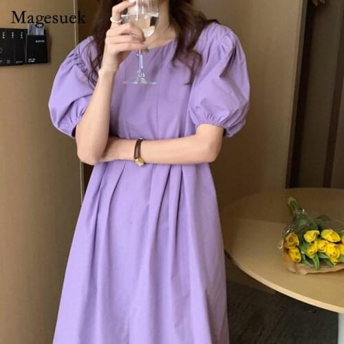 Korean Style Summer Plus Size Dress 2021 New Pleated High Waist Purple Dresses Women Short Sleeve White Long Dress Vestido 14900