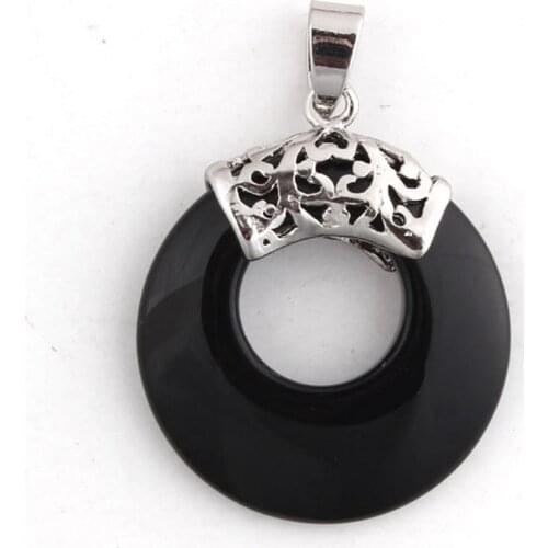 100-Unique 1 Pcs Silver Plated Black Onyx Stone Round Hollow Shape Vintage Pendant For Necklace Charm Jewelry