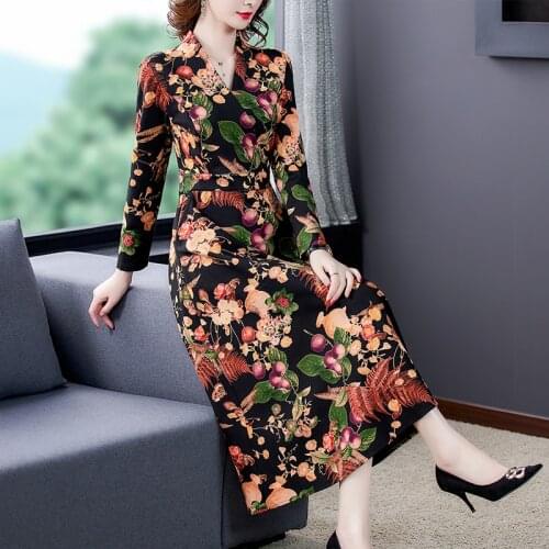 2021 Fashion Floral Casual Long Sleeve Midi Dress Spring Autumn Vintage 4XL Plus Size Dress Elegant Women Bodycon Party Vestidos