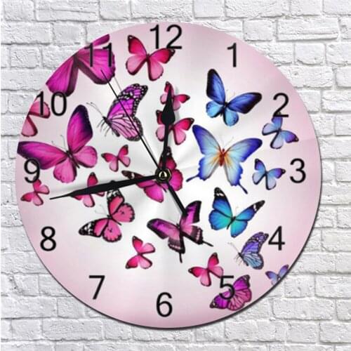 Butterflies Pattern 25CM/10inch Round Wall Clock Numeral Digital Dial Mute Silent Fashion Digital Clocks Battery Operated Clocks