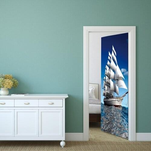 3D Sailboat Door Sticker Wallpaper Wall Stickers Sketch for Door Wall Living Room Bedroom Simple PVC Vinyl Decals Home Decration