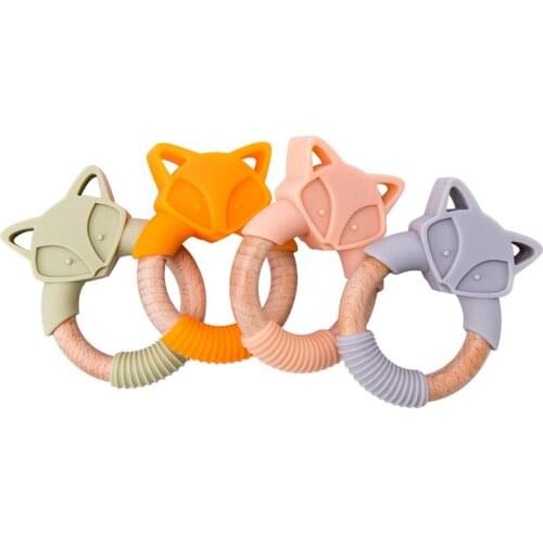 5pc Silicone Baby Teether Fox Animals Wooden Rings Teether Rodents Beech Wood Rattles Chew Fox Rings Baby Products