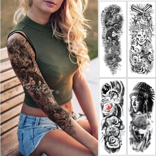 Large Arm Sleeve Tattoo Warrior Dragon Clock Lotus Waterproof Temporary Tattoo Sticker Angel Saint Men Full Skull Totem Tatoo