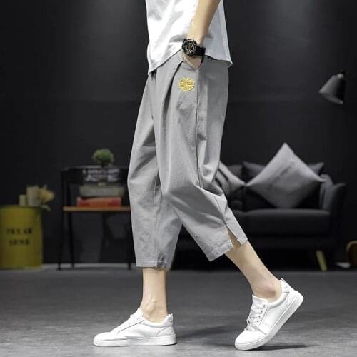 Mens Japanese Kimono Summer Casual Pants Male Linen Embroidery Sweatpants Plus Size Loose Straight Middle Trousers Ropa Hombre