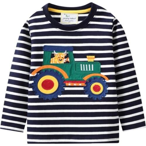 Jumping meters Fall Spring Boys Stripe Tees Cotton Embroidery Kids T shirts Fashion School Baby Clothes