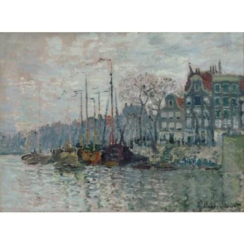 Claude Monet Unframed Home Decor Canvas Painting 1 Piece River boat and shore house Wall art Printed Painting for Living Room