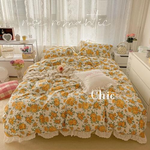 Vintage Floral Queen Bedding Set Lace Duvet Cover Bed Linen Cotton Set Pillowcase Summer Comforter Bedspread On The Bed 3/4pcs