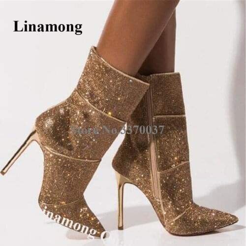 Linamong Bling Bling Pointed Toe Rhinestone Stiletto Heel Short Boots Gold Silver Crystal Ankle Booties Wedding Dress Heels