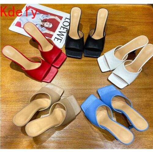 2021 New Summer Cozy Soft PU Leather Square Toe Women High Heel Mules Slippers Fashion Outdoor Party Dress Ladies Shoes
