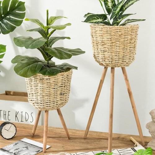 2021 New Handmade Bamboo Storage Baskets Laundry Straw Patchwork Wicker Rattan Seagrass Belly Garden Flower Pot Planter Basket