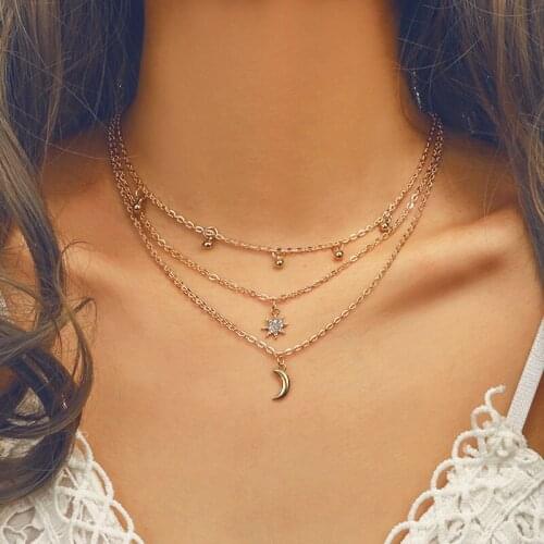 New Trendy Elegant Multilayer Rhinestone Star Moon Pendant Choker Necklaces Women Gold Chain Clavicle Necklace Jewelry YN82