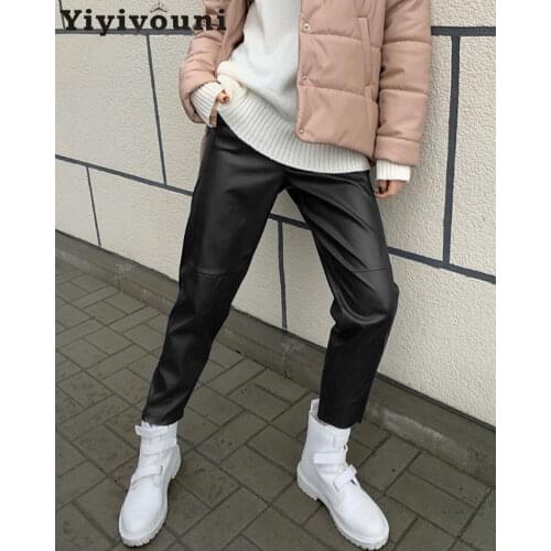 Yiyiyouni Autumn Winter High Waisted Loose Leather Pants Women Casual Straight Trousers Female Full Length Black Pants Pockets