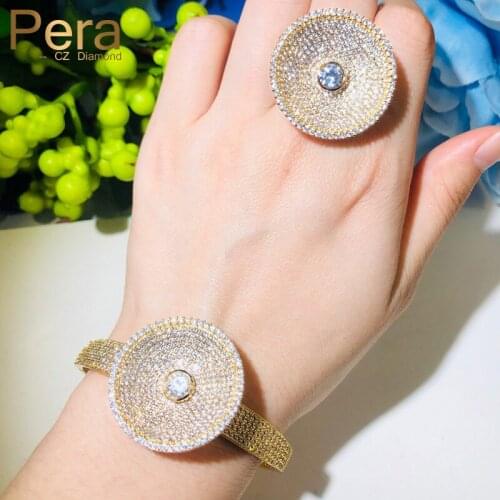 Pera Dubai Full Paving Cubic Zirconia 585 Gold Color Large Round Open Cuff Bangles Rings Sets for Wedding Costume Jewelry Z060