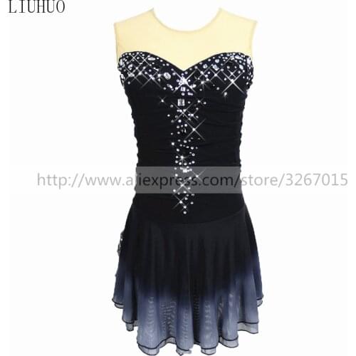 Figure Skating Dress Womens Girls' Ice Skating Competition Dress Round neck sleeveless black Shiny rhinestone Mesh elastic