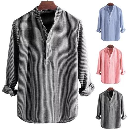 Casual Striped Shirts for Men Cotton Blend Shirts Top Male Long Sleeve Stand Collar Shirts chemise homme camisas para hombre