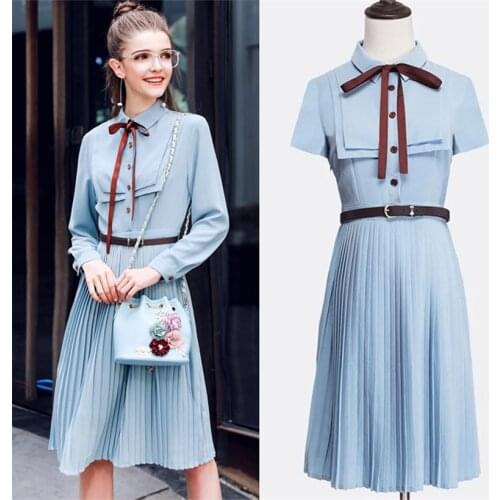 With Belt! Summer Spring Runway Dresses Women Preppy Style Blue Brief Dress Office Ladies Brand Designer Vestido Dresses CC037