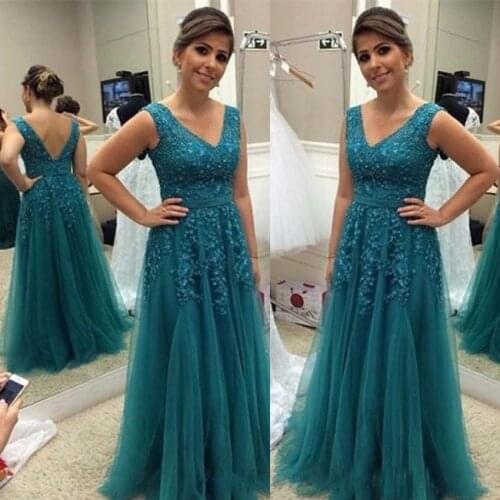 Blue A Line V Neck Appliques Tulle Floor Length Mother of Bride Groom Dresses Formal Evening Gowns Backless