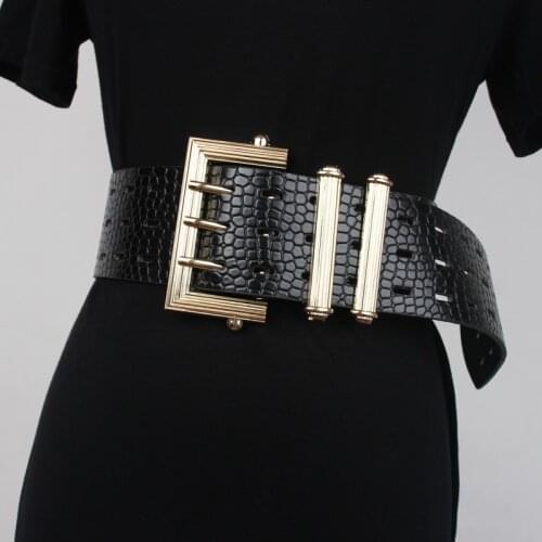 Womens Runway Fashion Vintage Hollow Out PU Leather Cummerbunds Female Dress Corsets Waistband Belts Decoration Wide Belt R084