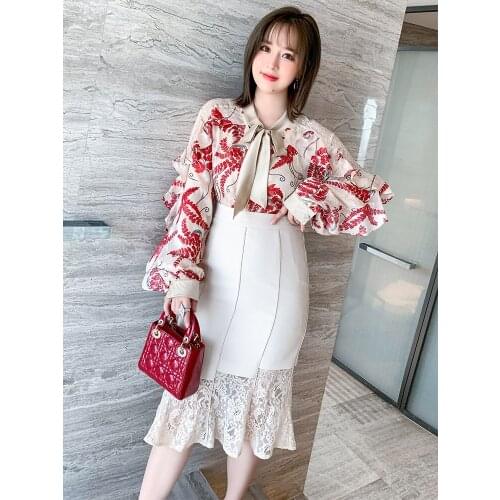 Womens shirt with bow tie stitched ruffle Nail Drill print 2021 spring new pattern High Quality