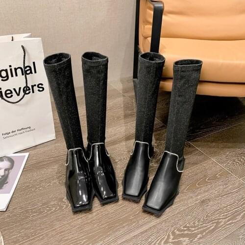 Womens Long Boots Thick Heel Martin Boots Female British Style 2022 New Square Toe Knee High Boots Rhinestone Thin Socks Boots