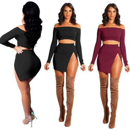 Sexy Off Shoulder High Slit Women Set Casual Long Sleeve Crop Top With Mini Skirt Bodycon Two Piece Set Night Club Suit Female