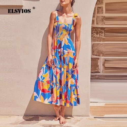 Summer Women Elegant Dress Sexy Spaghetti Strap Square Collar Holiday Beach Dress 2021 New Fashion Lady Printed Dresses Vestidos