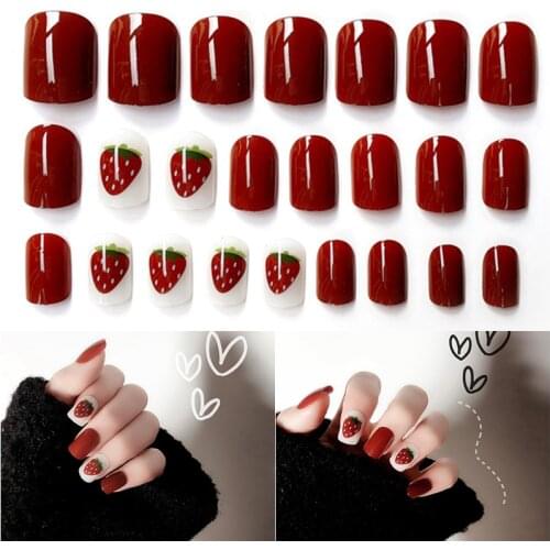 24pcs/set Pretty Strawberry Pattern Double-sided sticker Acrylic Nail Art Fake Nails Tips Decorated for UV Gel Accessories Kit