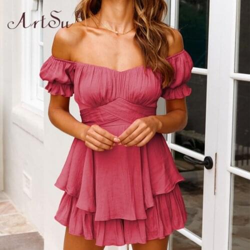 ArtSu Solid Blue Pink Casual Overalls Fashion Ruffle Short Sleeve Summer Playsuit Women Off Shoulder Sexy Short Jumpsuit Party