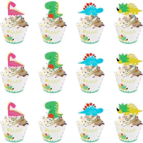 Dinosaur Birthday Party Cupcake Toppers Wrapper Cartoon Animal Cake Decorating Baby Shower Kids Birthday Gift Packaging Supplies