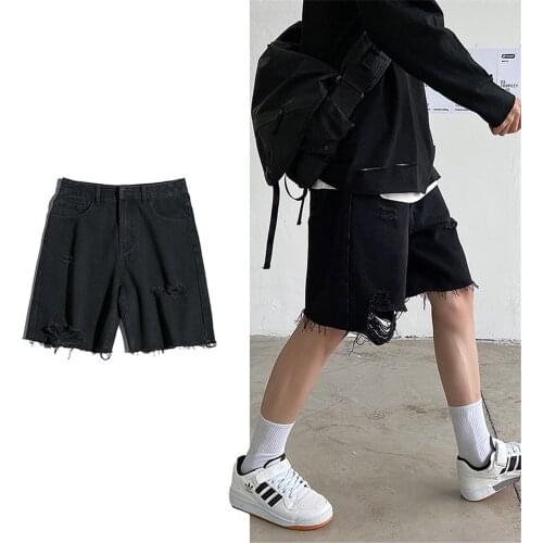 Mens summer fashion trend personalized ripped knee length jeans original design hip hop loose casual worn mid-waist shorts