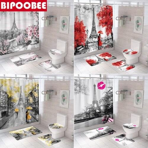 Eiffel Tower Lover 3D Bathroom Curtain Set Artistic Scenery Shower Curtains with Hooks Washroom Toilet Cover Mat Non-slip Rugs