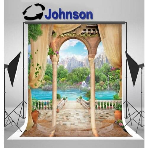 Mural Old Stone Arch Lake Mountains Ladder Column background High quality Computer print wedding backdrops