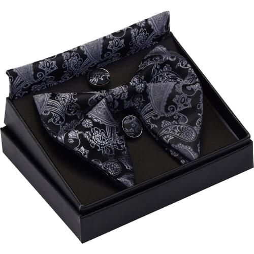 Fashion Silk Big Bowtie Handkerchief Cufflinks Set Bule Black Paisley Floral Jacquard Hanky Bow Ties For Men Business With Box