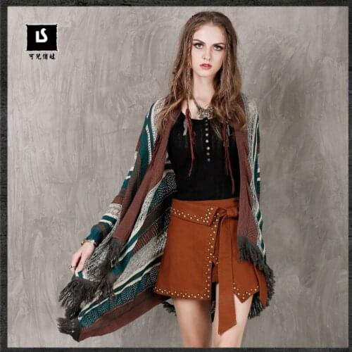 Fashion women cardigans cloak knitted sweater patchwork stripe hollow out knitwear tassel vintage tops swing outer wear female