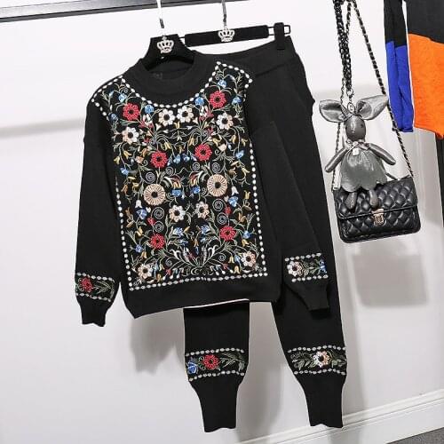 Fashion Woman Tracksuit 2020 New Autumn Winter Two Piece Set Vintage Embroidery Sweater Top+Pants Knitted Sportsuits black