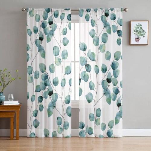 Green Leaves Branches Window Curtains for Living Room Kitchen Door Curtain Sheer Curtains for Bedroom
