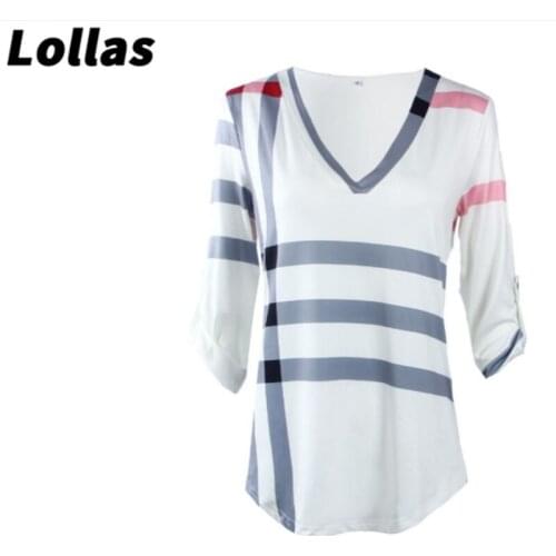 Hot Style Fall 2018 Plaid Print V-Neck Seven-Minute Sleeve Shirt In Stock