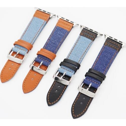 Genuine Leather Canvas Strap for Apple Watch 44mm 40mm Band iwatch Series 5 4 3 2 1 42mm 38mm Denim Wrist Bracelet Watchband