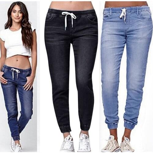Women Autumn Cotton Elastic Plus Loose Denim Jeans Fashion Casual Drawstring Plus Cropped Jeans Pantalones De Mujer Dropshipping