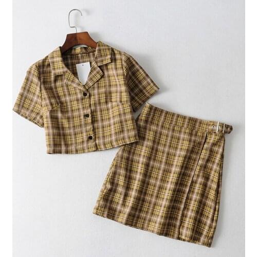 Womens suit two-piece summer new plaid shirt half skirt suit wild casual short plaid shirt high waist plaid short skirt women
