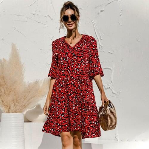 Summer Dress Women 2021 Flare Sleeve V Neck Print A-line Sexy Mini Dresses Casual Loose High Waist Street Elegant Dress Vestido