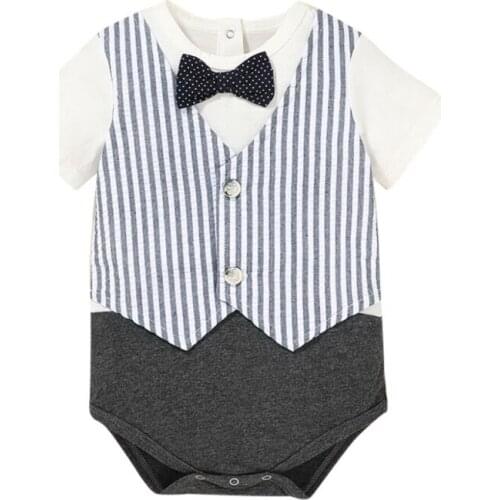 2021 Newborn Baby One Piece Romper Summer Infant Boys Short Sleeve Stripe Bodysuit with Bow-Tie Gentleman Clothing Outfits 0-12M