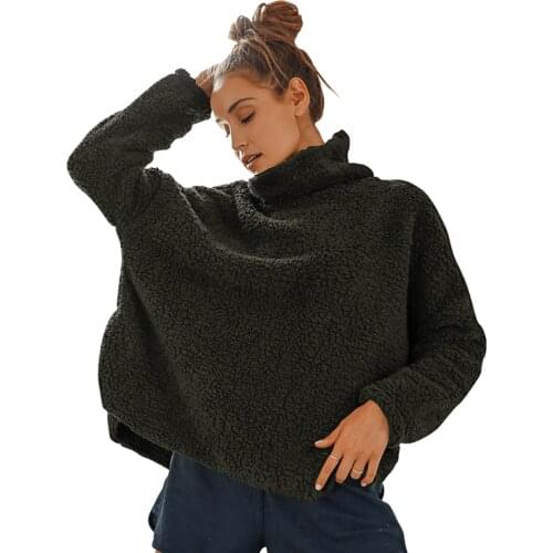 2021 Women Loose Style Turtleneck Sweater Solid Color Turtleneck Knitted Pullover Army Green/ Black/ Khaki