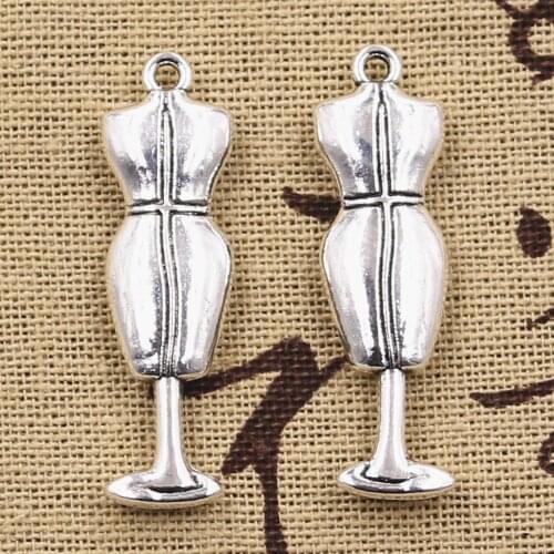 4pcs Charms Female Dress Mannequin Seamstress Dressmaker 38x11mm Antique Silver Color Pendants Making DIY Tibetan Finding